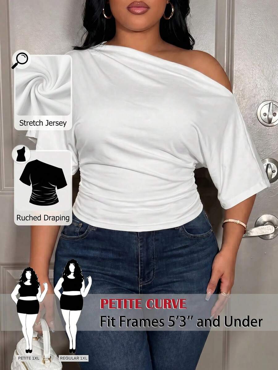 SHEIN PETITE CURVE 大尺碼女款不對稱領褶皺腰蝙蝠袖T恤