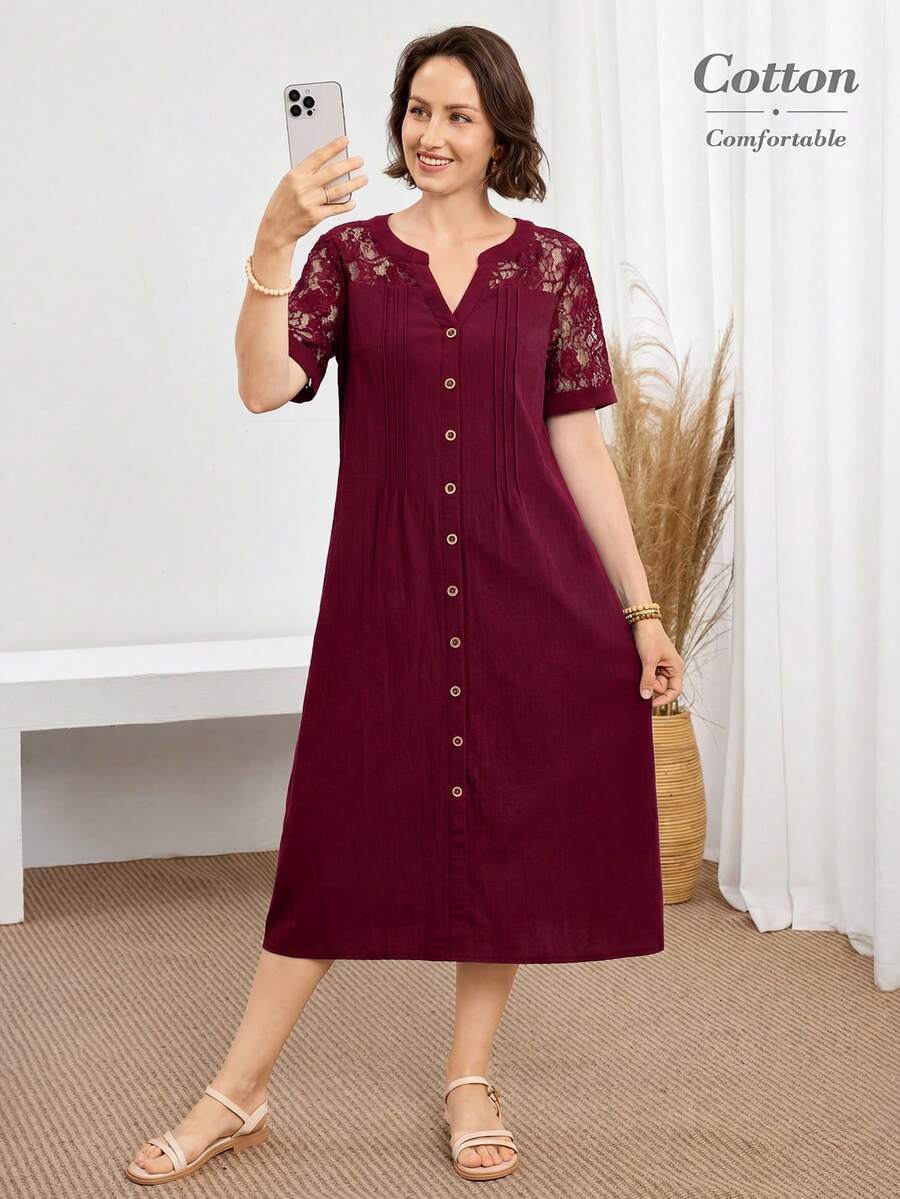 Miaspire 女款休閒舒適蕾絲拼接V領洋裝,適合日常穿著與度假場合,春/夏 - 酒紅色 - View 1