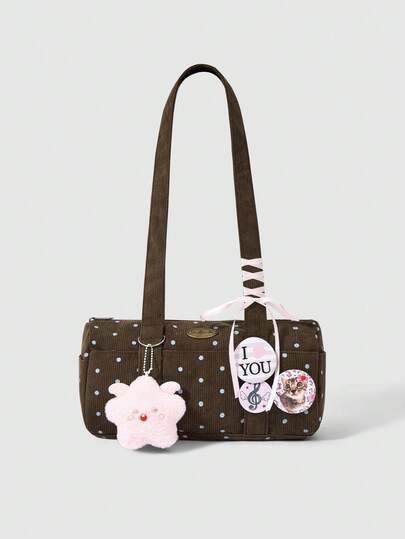 Kawaii Bolso de mano con estampado de lunares estilo universitario, con múltiples bolsillos, colgante de muñeca con cinta y insignia, bolso de hombro de moda para chicas, adecuado para uso diario, universidad, etc.