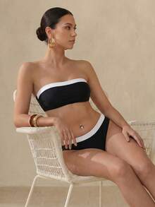Anewsta Conjunto de bikini de 2 piezas con top bandeau de color contrastado y traje de baño sexy para mujer de verano - Blanco y Negro - Ver 3