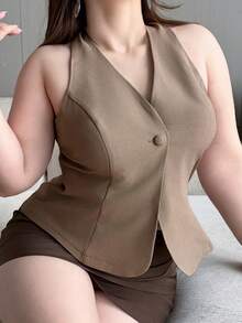 Dazy Plus Solid Color Halter Neck Backless Elegant Formal Summer Top Plus Size Women Spring/Summer Tank Top Going Out Tops - Khaki - View 5