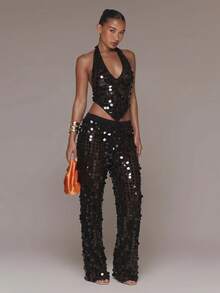 MUSERA Sequin Halterneck Crop Top Knitted V Hem Fitted Top Ibiza Holiday Vacation Beach Boho Western Isle Festival Ibiza Rave Going Out Club - Black - View 3