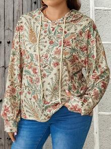 EMERY ROSE Plus Size Floral Print Sweatshirt Vacation Trail Ride Beige Summer Business Casual Fall - Multicolor - View 9