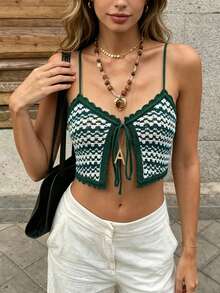 EMERY ROSE Women's Crochet Fashion Tie-Up Cropped Sexy Camisole Knit Top For Vacation - Green - View 6
