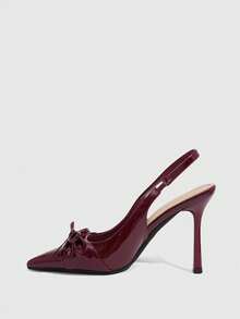 CUCCOO SZL Pointed Bow Back Strap High Heels, Patent Leather Low Vamp Stiletto Shoes, Commuter Dating Temperament Women's Shoes - Burgundy - View 4