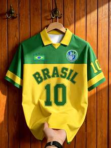 Aesthetic Post 復西隊風格黃綠拼色徽章印花足球短袖 Polo 衫，美國 BRASIL #10 印花翻領襯衫，男士圖案 T 恤，男士時尚休閒運動球衣上衣，足球，足球用品 - 彩色 - 查看 4