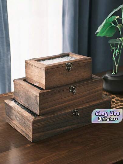 Vintage Flip-Top Dustproof Storage Box With Begonia Flower Glass Panel, Black Walnut Wood Desktop Organizer, Wooden Jewelry Tea Utensils Miscellaneous Container For Home Storage