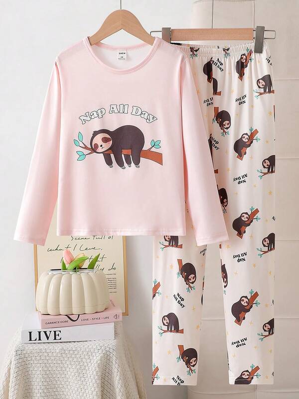 Genkimix Kids Bộ đồ mặc nhà 2 món cho bé gái, quần dài và áo dài tay phong cách tối giản thời trang, in gấu trúc dễ thương, thoải mái thường ngày, màu trắng