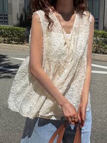 FRIFUL 女款蕾絲休閒百搭日常穿著夏季可愛上衣 - 米色 - 查看 4