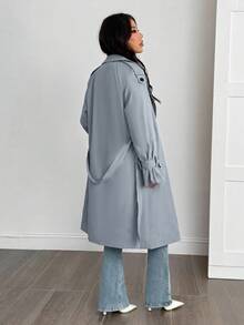 SHEIN PETITE 女款時尚鈕扣口袋綁帶長袖優雅風衣 - 霧霾藍 - 查看 2