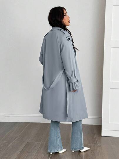 SHEIN PETITE 女款時尚鈕扣口袋綁帶長袖優雅風衣