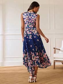 Lilora Floral Round Neck Pleated Dress, High-End Fashion Versatile Elegant Dress, Suitable For Commuting, Daily Tea Party Casual, Outings, Gatherings - Multicolor - View 2