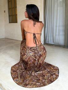 Aloruh Women's Summer New Bohemian Dress, Sexy Elegant Romantic Dress, Brown Dress, Metal Buckle Decor, Women's Vacation Wear, Women's Beach Wear, Women's Cover-Up Dress - Multicolor - View 3