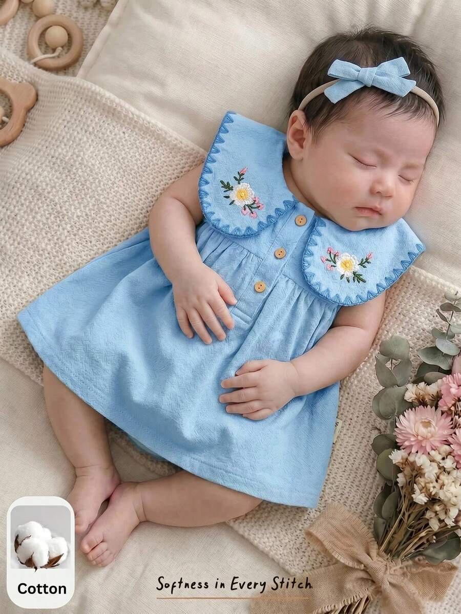 Cozy Pixies 新生女宝宝花卉刺绣彼得潘领可爱连衣裙 - 藍色 - 查看 1