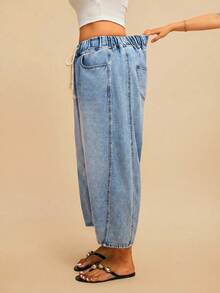 Travachic Women's High-Waisted Loose-Fitting Drawstring Belt Pocket Casual Streetwear Tapered Jeans Cropped Length Light Blue Summer Back-To-School Y2K Travel - Medium Wash - View 8
