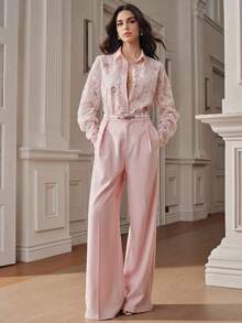 Anewsta Women's New Elegant Long Sleeve Blouse With Handmade Positioned Rhinestone Decor, Fashionable Luxury Design - Pink - View 7