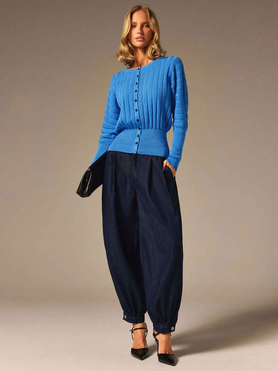 COSMINA Women's Elegant Ribbed Texture Blue Knit Sweater - Royal Blue - View 1