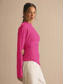 MUSERA Top de manga larga con cintura fruncida y mangas de murciélago, estilo cottage core, lindo y acogedor, para primavera y verano, conjunto Spring Dew - Rosa Fucsia - Ver 3