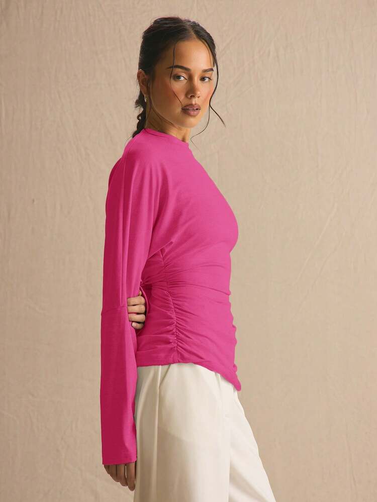 MUSERA Cinched Ruched Waist Batwing Long Sleeve Top Spring Summer Cute Cosy Cottage Core Spring Dew Spring Outfit - Hot Pink - View 3