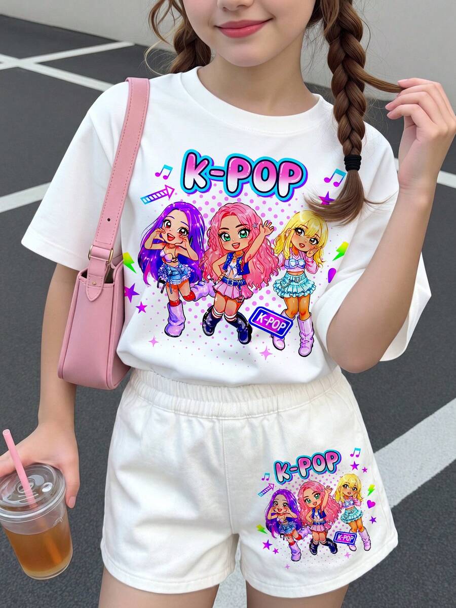 Kleine Mädchen Lässig Minimalistisch, K-Pop Superstars, Cartoon Mädchen Gruppe Druckmuster, Cremeweiß Kurzarm T-Shirt und Shorts 2-teiliges Set geeignet für den Sommer - Verschiedenfarbig - Übersicht 1