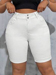 SHEIN Tall CURVE Celana Pendek Denim Wanita Ukuran Besar Tinggi dengan Saku, Potongan Ramping, Kasual, Longgar, Serbaguna, Formal, untuk Acara Keluar, Warna Putih, Musim Panas - Putih - View 5