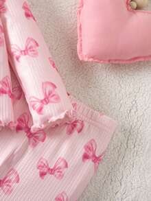 Conjunto de pijama para recién nacido con patrón de dibujos animados lindo, cuello redondo con volantes, manga corta, tejido de punto y ajuste cómodo - Rosa Pálido - Ver 8