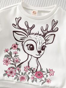 Cozy Pixies 2pcs/Set Baby Girl Cartoon Animal Floral Deer Pattern Knitted Soft Crew Neck Ruffle Long Sleeve Pullover Sweatshirt Elastic Waist Flared Long Pants Two Pieces Set, Suitable For Autumn/Winter, Casual Outfits, Indoor, Outdoor Leisure, Skiing, Back To School, Daily, Sports, Play, Party - White - View 4