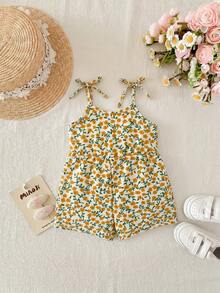 SHEIN Newborn Baby Girl Cute Summer Casual Ditsy Floral Spaghetti Strap Romper - Multicolor - View 5