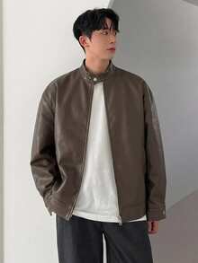 DAZY Autumn Solid Brown PU Men's Jacket & Coat - Brown - View 5