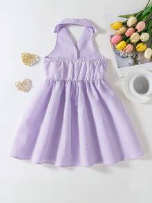 SHEIN Elladie kids 女童夏季新款時尚 Polo 領掛脖露背收腰甜美百搭度假風洋裝，小女孩正式禮服 - 紫色 - 查看 4