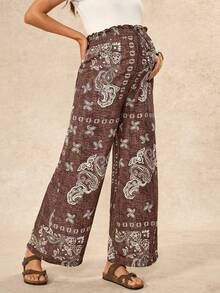 Boho Mama Pantalones largos de maternidad con patrón de anacardo, volantes y lazo en la cintura para vacaciones - Marrón - Ver 7