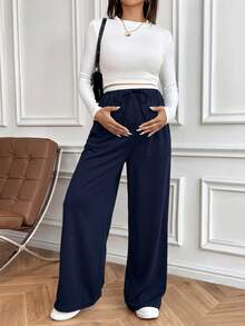 SHEIN 孕婦拼接配色腰綁帶口袋寬腿休閒長褲 - 藍色 - 查看 3