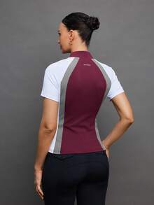 Activina Women's Contrast Color Button Half-Placket Raglan Sleeve Equestrian Top - Burgundy - View 2
