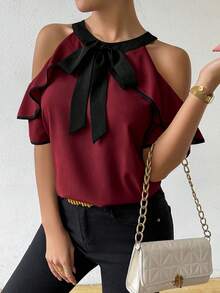 SHEIN Women's Bow Decor Patchwork Ruffle Off-Shoulder Fashion Blouse - Burgundy - View 6