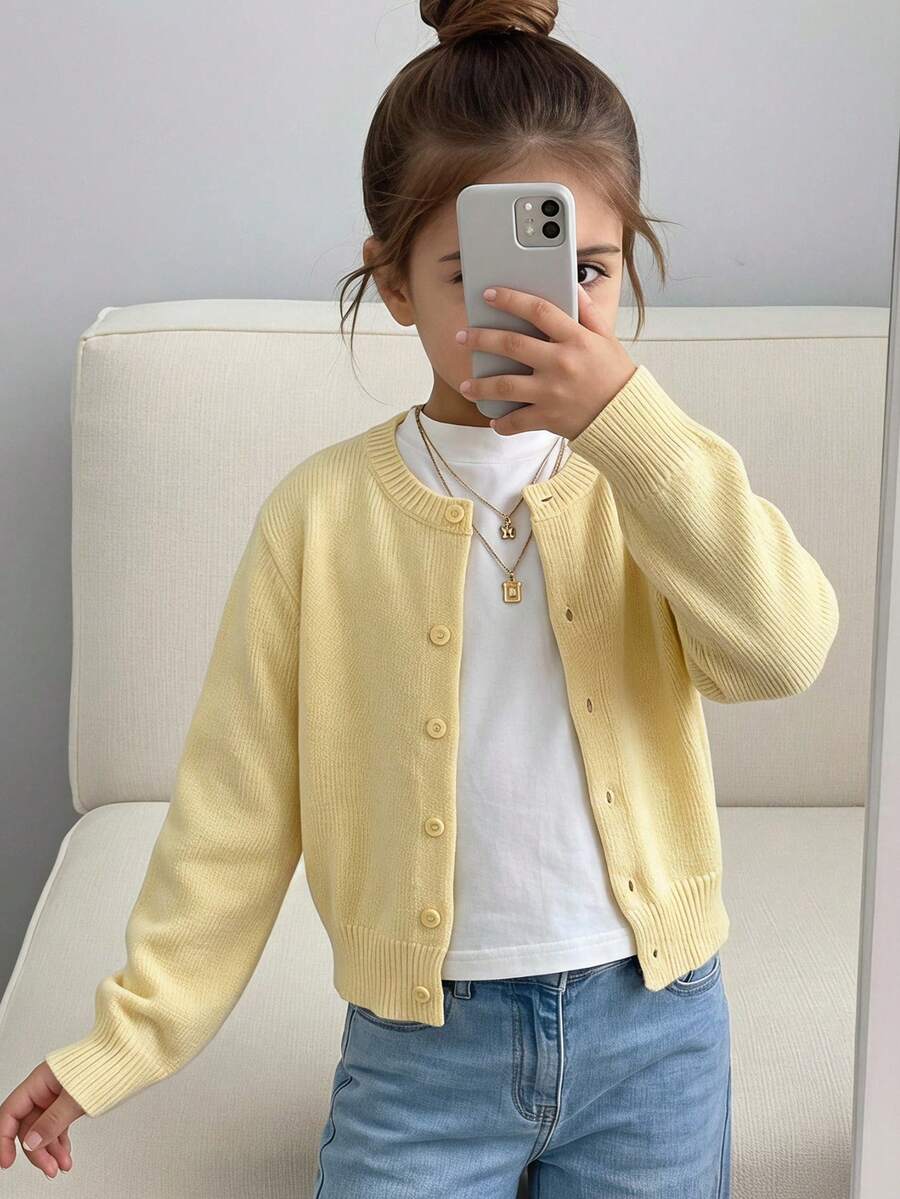 SHEIN 女童秋季/冬季黃色修身圓領針織開襟毛衣外套,基礎款針織開襟衫,適合海邊度假、冷氣房、開學季、優雅聚會等場合,適合秋冬穿著 - 黃色 - 查看 1