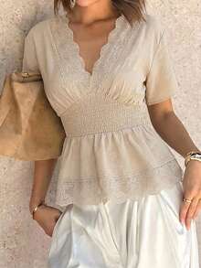 Flora Isola Flora Isola Blusa de mujer primavera/verano con cuello en V, cintura ceñida, ribete de encaje y patchwork, adecuada para vacaciones en la playa y uso diario en la calle - Caqui - Ver 5