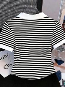 Resyla Women's Fashion Casual Striped Print Collared V-Neck Short Sleeve T-Shirt - Black and White - View 2