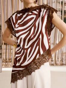 Arave Women's Brown Zebra Print Satin Fabric Elegant Solid Color Lace Patchwork Asymmetric Hem Blouse, Date Dinner, Summer Outfits, Summer Tops - Brown - View 4