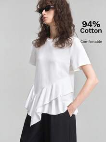 Ontre Camiseta para mujer de color beige, cómoda, de tela premium amigable con la piel, ajustada, cuello redondo, hombros regulares, manga corta, bajo con volantes, estilo moderno, bohemio, para vacaciones, playa, conciertos de música country, estilo occidental, casual, de lujo discreto, estilo old money, para cruceros, minimalista, de lujo silencioso, con textura, esencial, para negocios casual, urbano, para oficina, para desplazamientos urbanos, de alta calidad, para aeropuerto, para todas las estaciones, versátil, serie especial de vacaciones - Blanco - Ver 4