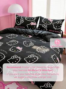 HELLO KITTY AND FRIENDS | SHEIN 3件組可愛卡通印花被套組，磨砂材質，柔軟保暖，多尺寸可選，適用單人床/雙人床/加大雙人床/特大雙人床 - 黑粉色 - 查看 8