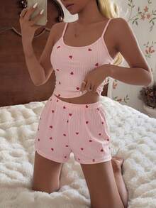 CottageSlumber Summer Heart Print Camisole & Shorts Loungewear 2 Pieces Set - Pink - View 5