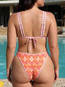 Swim Mod Plus Size Tropical Floral Bikini Set, Thin Double Strap Triangle Cup Swimsuit, 2 Pieces Vacation Outfit - Orange - View 2