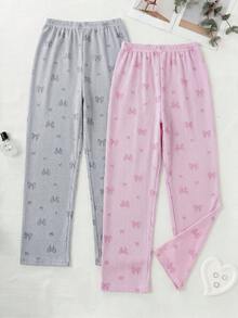 SHEIN 大尺碼女款 2 件組 粉色與灰色波點條紋長褲居家服 舒適休閒多件裝睡褲套裝 - 彩色 - 查看 2