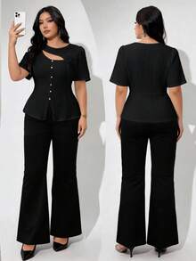 Modelyn Plus Size Women's Solid Color 3D Floral Decor Cutout Design Button Elegant Blouse Teachers' Day Office Black And White Summer - Black - View 10