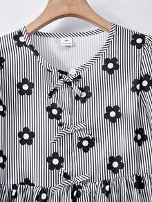 SHEIN Tween Girl Black Striped Floral Print, Front Bow Decor Long Sleeve Shirt - Black - View 5