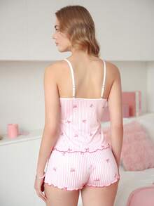 PetitDoll Women's 2-Piece Sweet Pink Striped Ruffle Design Pajama Set - Pink - View 2