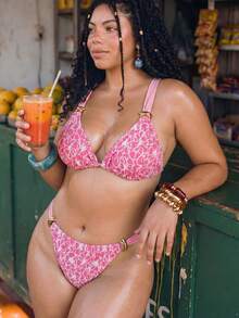 SHEIN Swim 2020新款夏季海灘度假四季通用大尺碼女款泳衣套裝，3D花卉布料，百搭易搭配 - 粉色 - 查看 1