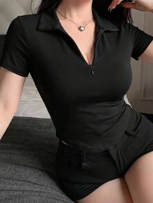 Joudiya 女款夏季黑色 Polo 衫，短袖，有領，休閒運動底層 T 恤 - 黑色 - 查看 2