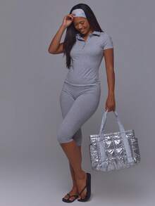 Musera Sport Grey Button Through Collared Contrast Trim Hems Cinched Fitted Active Polo Top Pilates Fitness Daily Casual Everyday Void - Light Grey - View 5