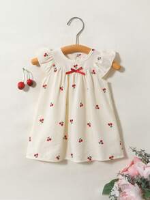SHEIN Baby Girl's Cute White Yellow Striped Bow Print Dress Round-Neck Sleeveless LooseFitting Soft Fabric - Red and White - View 3